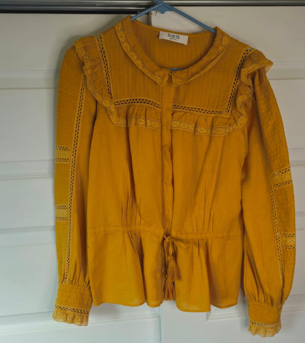 Sea New York Mustard Yellow Ruffle Lace Tassel Blouse